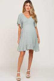 Sage Smocked Front Ruffle Hem Maternity Dress