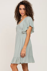 Sage Smocked Front Ruffle Hem Dress