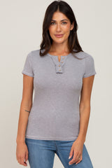 Heather Grey Ribbed Button Front Top