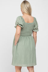 Light Olive Smocked Puff Sleeve Maternity Dress