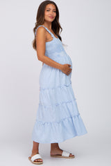 Blue Gingham Smocked Tiered Maternity Midi Dress