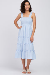 Blue Gingham Smocked Tiered Midi Dress