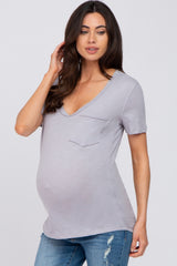 Grey Heathered Pocket Front Maternity Top