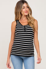 Black Striped Button Front Sleeveless Maternity Top