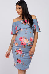 Blue Floral Fitted Maternity Off Shoulder Dress