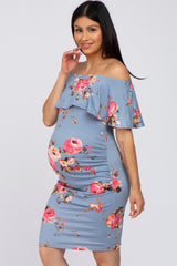 Blue Floral Fitted Maternity Off Shoulder Dress