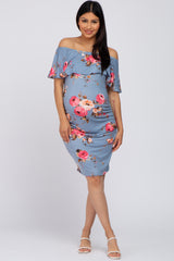 Blue Floral Fitted Maternity Off Shoulder Dress