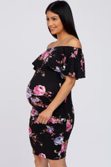 Black Rose Fitted Maternity Off Shoulder Dress