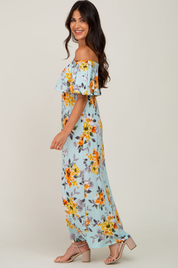 Light Blue Floral Off Shoulder Maxi Dress