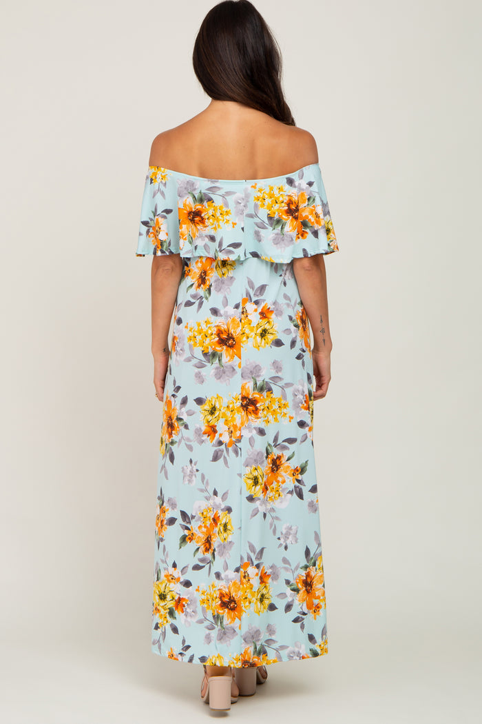 Light Blue Floral Off Shoulder Maxi Dress