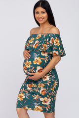 Green Floral Fitted Maternity Off Shoulder Dress