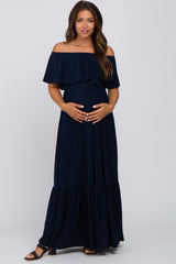 Navy Blue Off Shoulder Maternity Maxi Dress