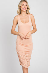 Peach Sleeveless Ruched Fitted Dress