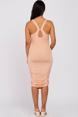 Peach Sleeveless Ruched Fitted Maternity Dress