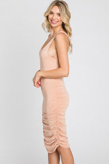 Peach Sleeveless Ruched Fitted Dress