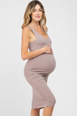 Beige Fitted V-Neckline Maternity Midi Dress