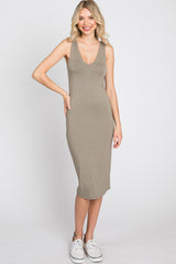 Olive Fitted V-Neckline Midi Dress