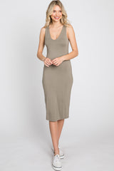Olive Fitted V-Neckline Midi Dress
