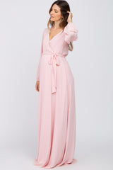 Pink Wrap Front Chiffon Maternity Gown