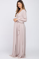 Light Taupe Wrap Front Chiffon Maternity Gown