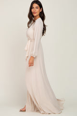 Beige Wrap Front Chiffon Gown