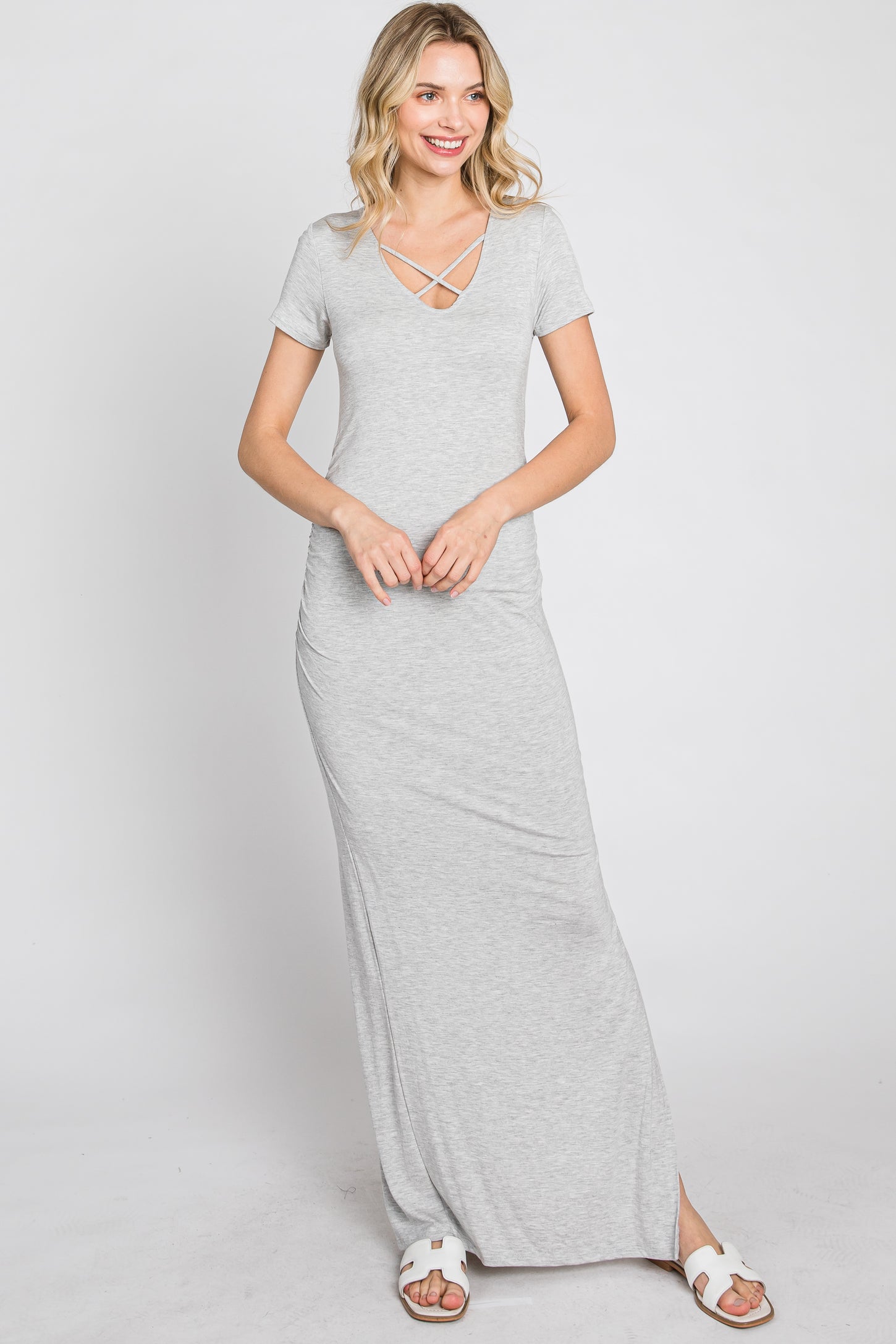 Heather Grey Cross Front Ruched Maxi Dress