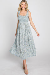 Light Blue Floral Smocked Tie Strap Midi Dress