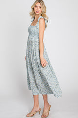 Light Blue Floral Smocked Tie Strap Midi Dress