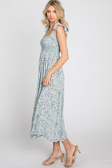 Light Blue Floral Smocked Tie Strap Midi Dress