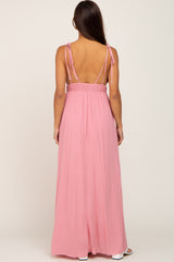 Pink Shoulder Tie Open Back Maternity Maxi Dress