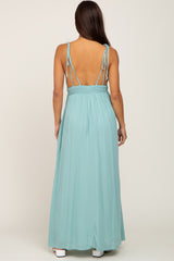 Mint Green Shoulder Tie Open Back Maternity Maxi Dress