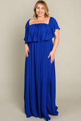 Royal Blue  Chiffon Off Shoulder Plus Gown