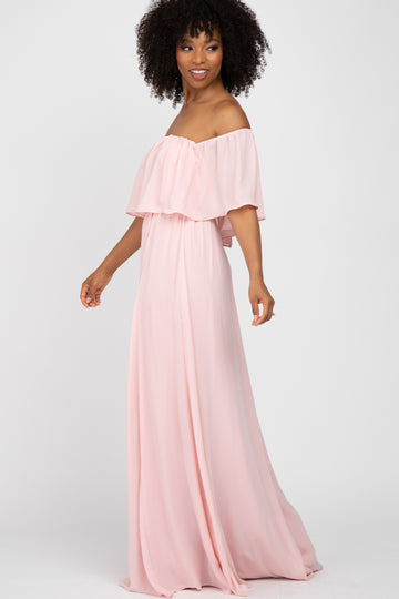 Light Pink Chiffon Off Shoulder Gown