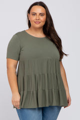 Olive Tiered Maternity Plus Short Sleeve Top