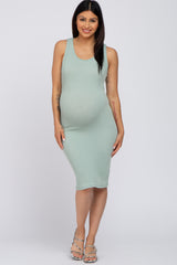 Light Olive Ribbed Fitted Crisscross Back Maternity Dress