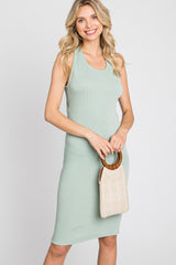 Light Olive Ribbed Fitted Crisscross Back Maternity Dress