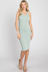 Light Olive Ribbed Fitted Crisscross Back Dress