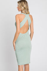 Light Olive Ribbed Fitted Crisscross Back Dress