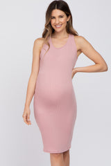 Mauve Ribbed Fitted Crisscross Back Maternity Dress