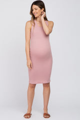 Mauve Ribbed Fitted Crisscross Back Maternity Dress