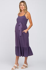 Purple Waist Tie Ruffle Hem Maternity Midi Dress