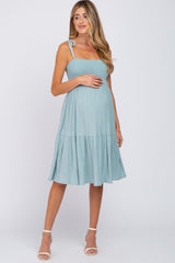 Mint Green Smocked Shoulder Tie Maternity Dress