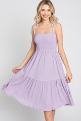 Lavender Smocked Shoulder Tie Dress