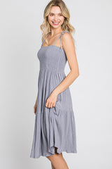 Grey Smocked Shoulder Tie Dress