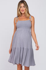 Grey Smocked Shoulder Tie Maternity Dress