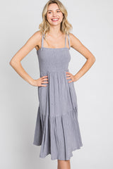 Grey Smocked Shoulder Tie Dress