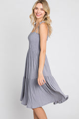 Grey Smocked Shoulder Tie Dress