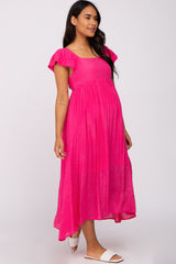 Fuchsia Square Neck Ruffle Sleeve Maternity Midi Dress