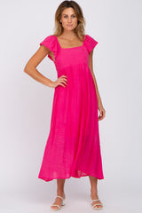 Fuchsia Square Neck Ruffle Sleeve Maternity Midi Dress