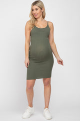 Olive Ribbed Knit Fitted Maternity Dress